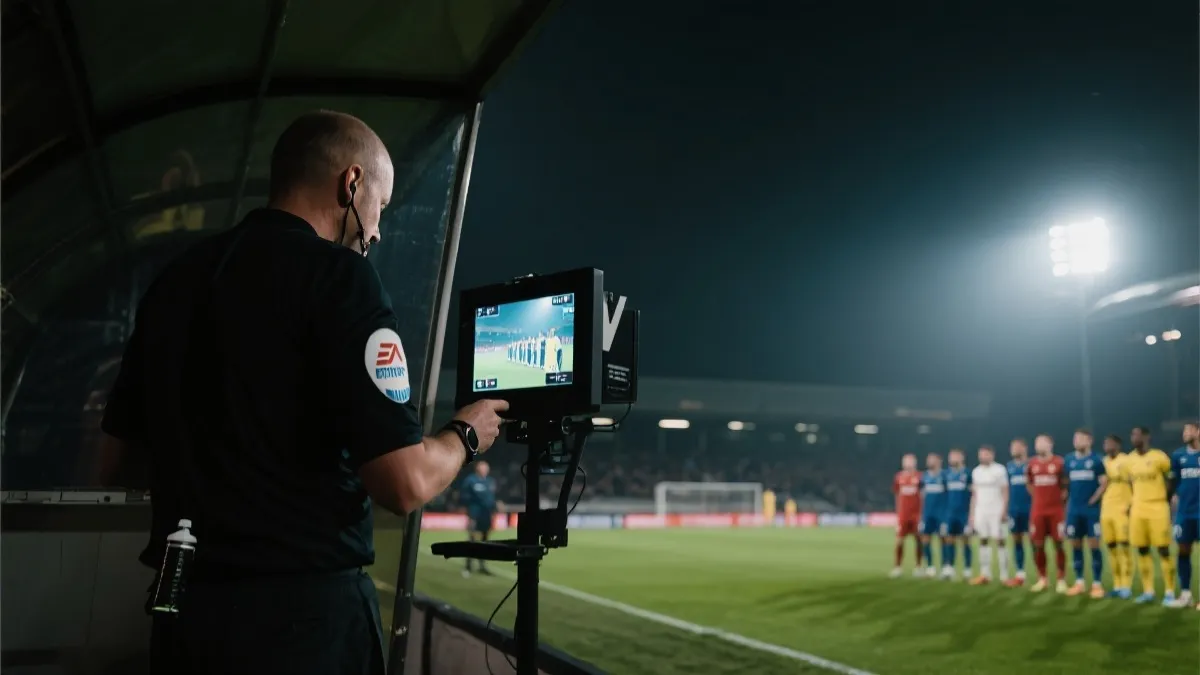 VAR回放屏幕与裁判沟通的场景，体现比赛时间被拉长